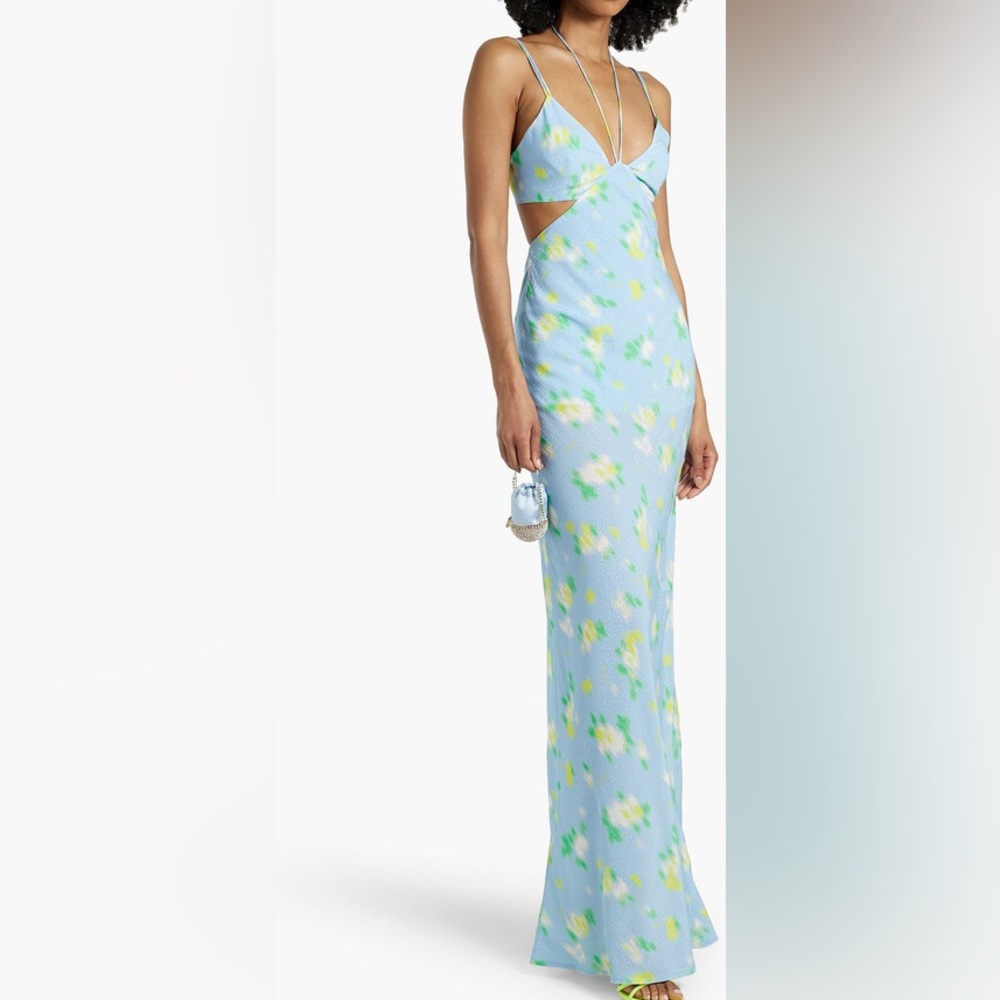 ROTATE Cutout Printed Jacquard Halterneck Maxi Dress
